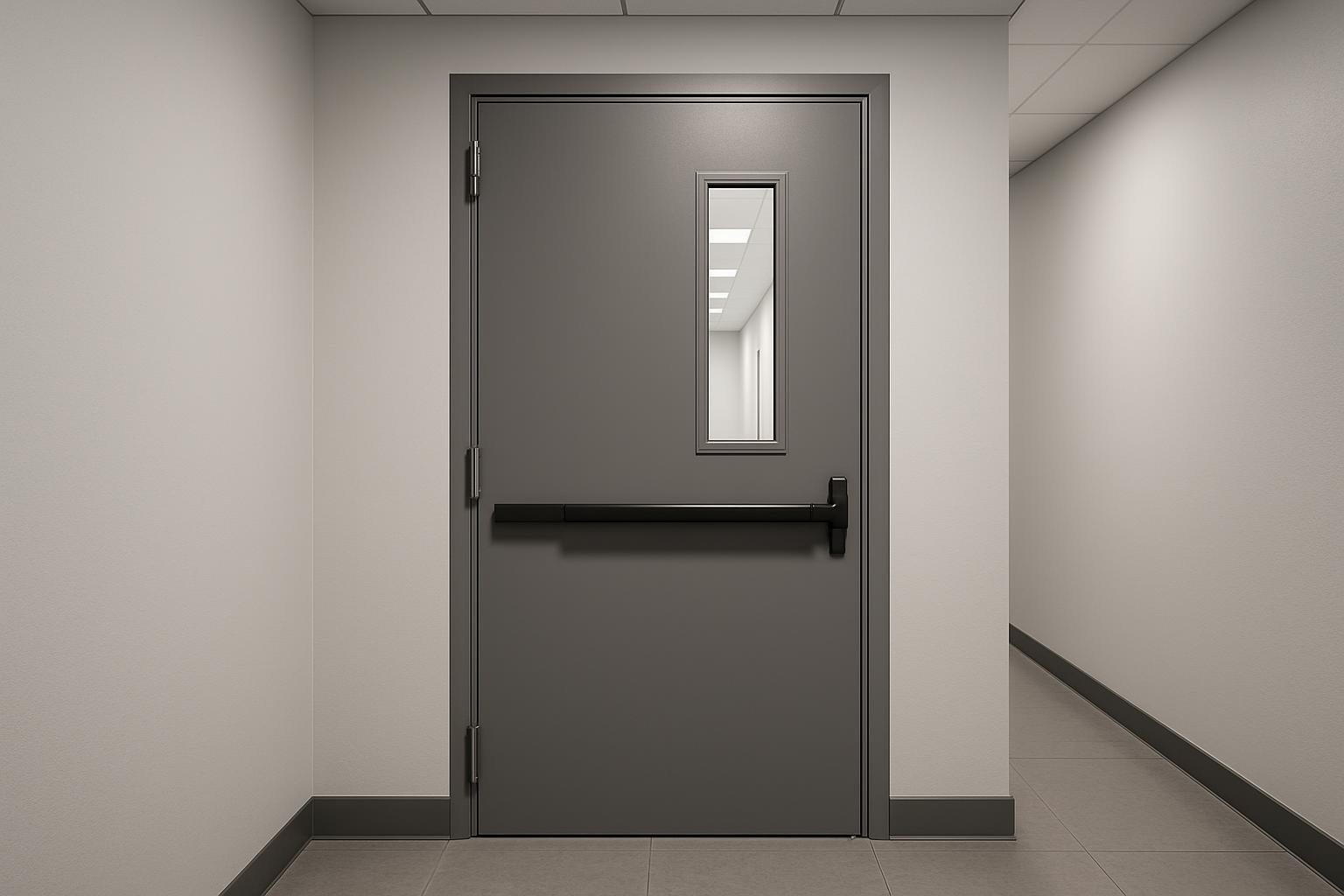 A certified fire-rated door in a corridor