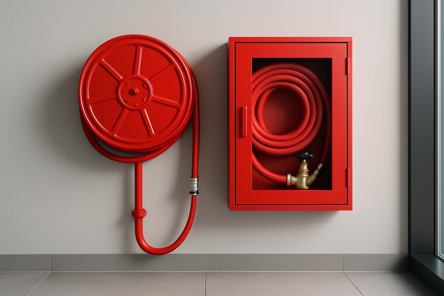 A fire hose reel and cabinet on a wall