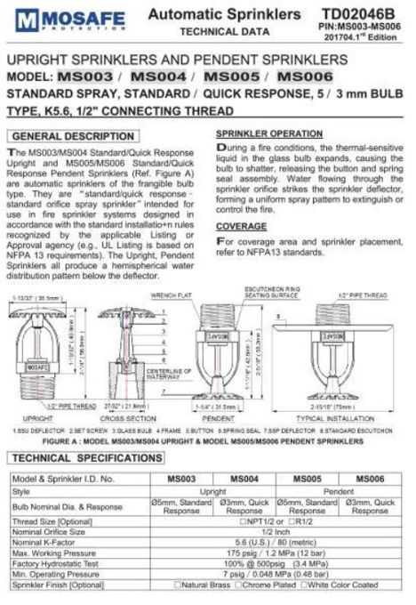 MOSAFE Upright & Pendent Automatic Sprinklers (MSO03-MSO06)